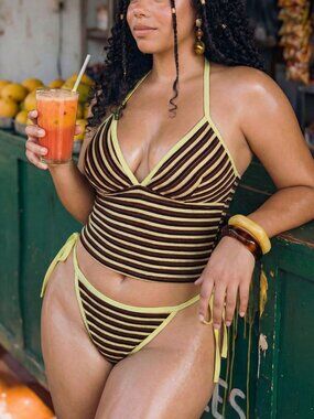 Multicolor Sexy plus size Women's Tropical Striped bikini Set